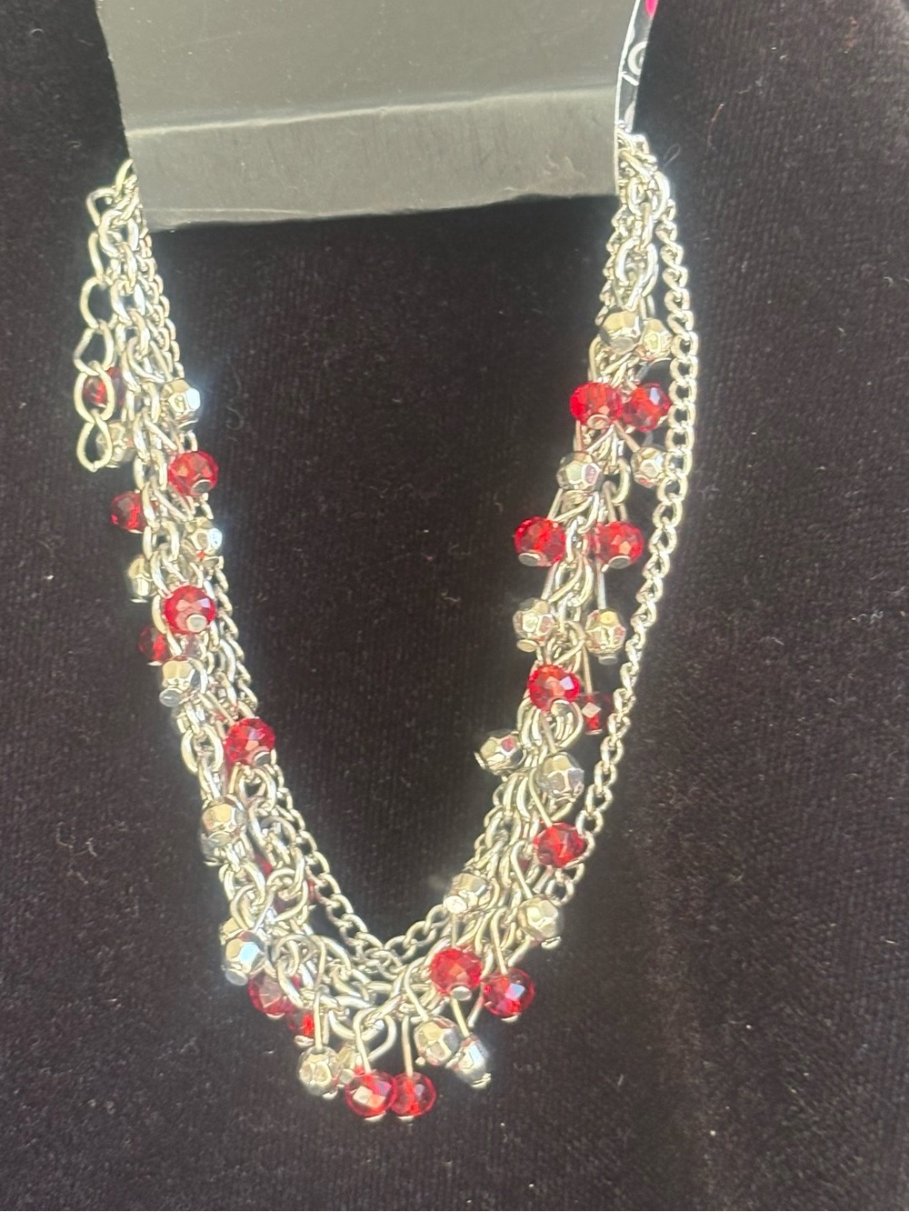 Elegant Multi-Chain Necklace with Red Crystal Accents